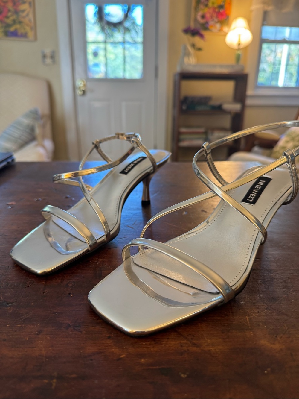 Nine West Metallic Silver Strappy Mid-Heel Sandals